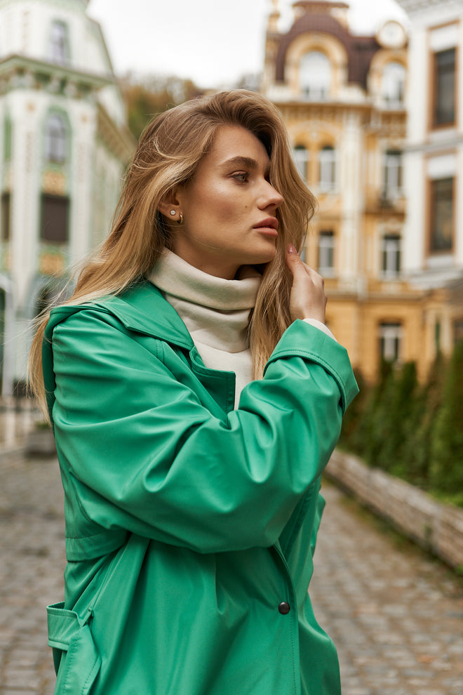 Green hooded trench coat