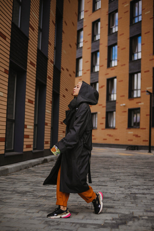 Black hooded trench coat