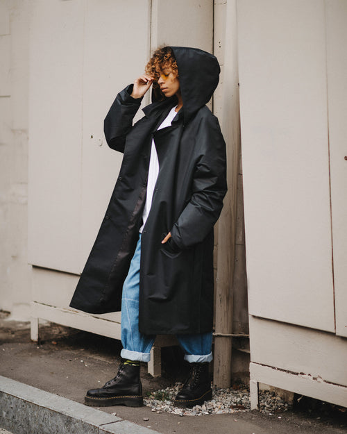 Black hooded trench coat