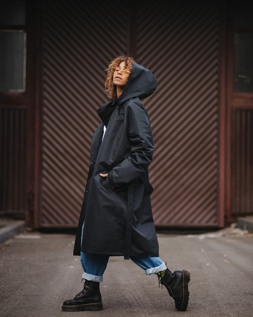 Black hooded trench coat
