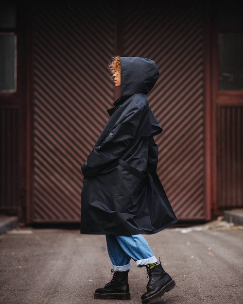 Black hooded trench coat