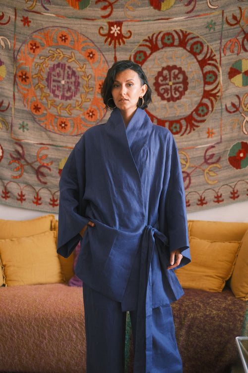 Linen Kimono Azur Amber Bloom