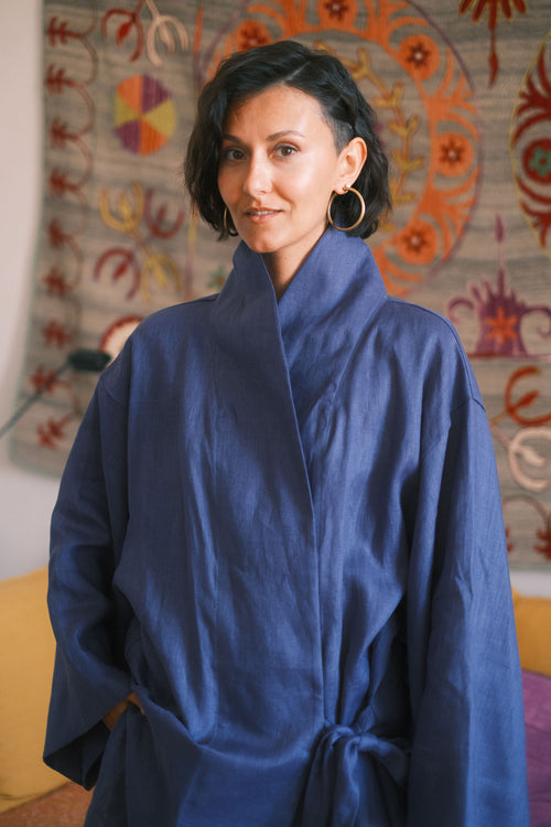 Linen Kimono Azur Amber Bloom