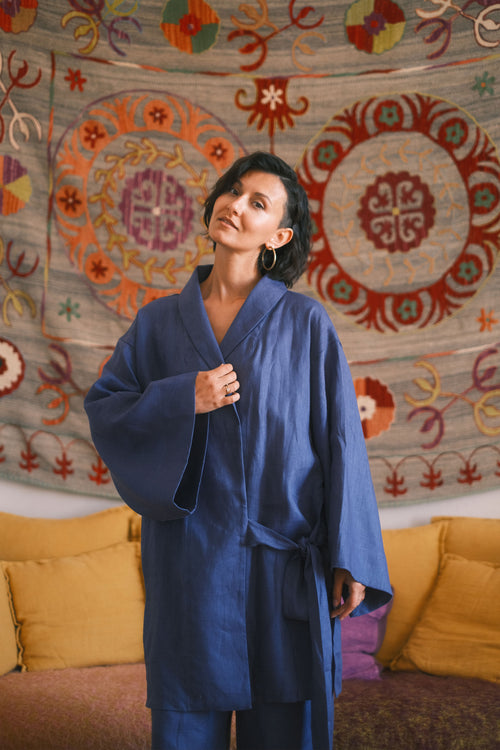 Linen Kimono Azur Amber Bloom