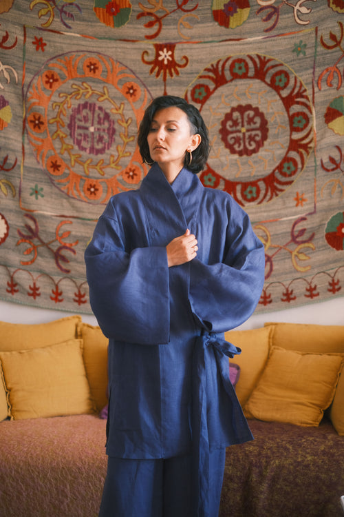 Linen Kimono Azur Amber Bloom
