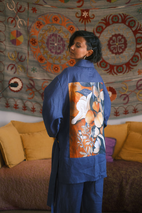 Linen Kimono Azur Amber Bloom