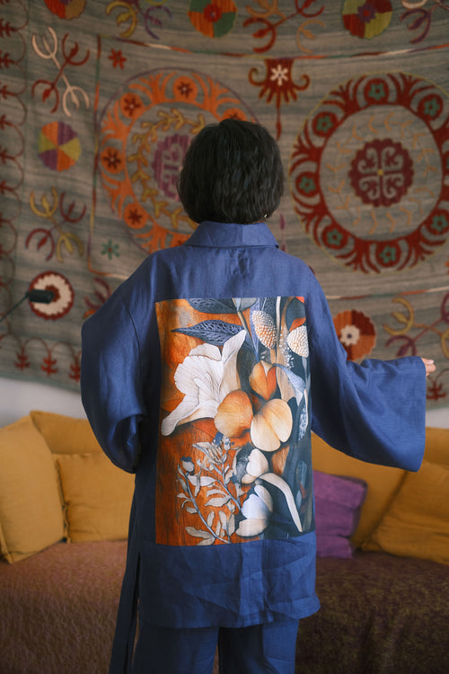 Linen Kimono Azur Amber Bloom