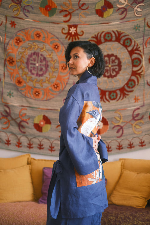 Linen Kimono Azur Amber Bloom