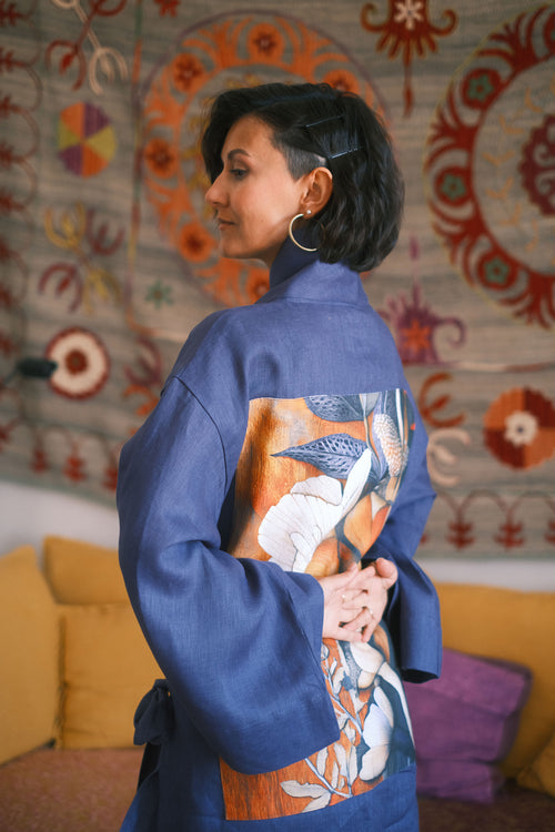 Linen Kimono Azur Amber Bloom