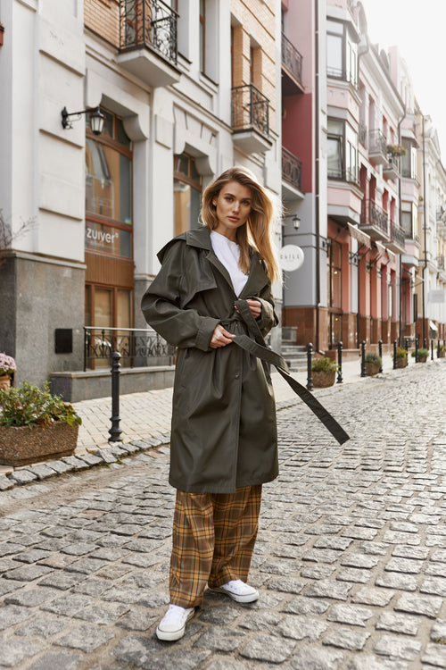 Khaki Hooded Trench Coat